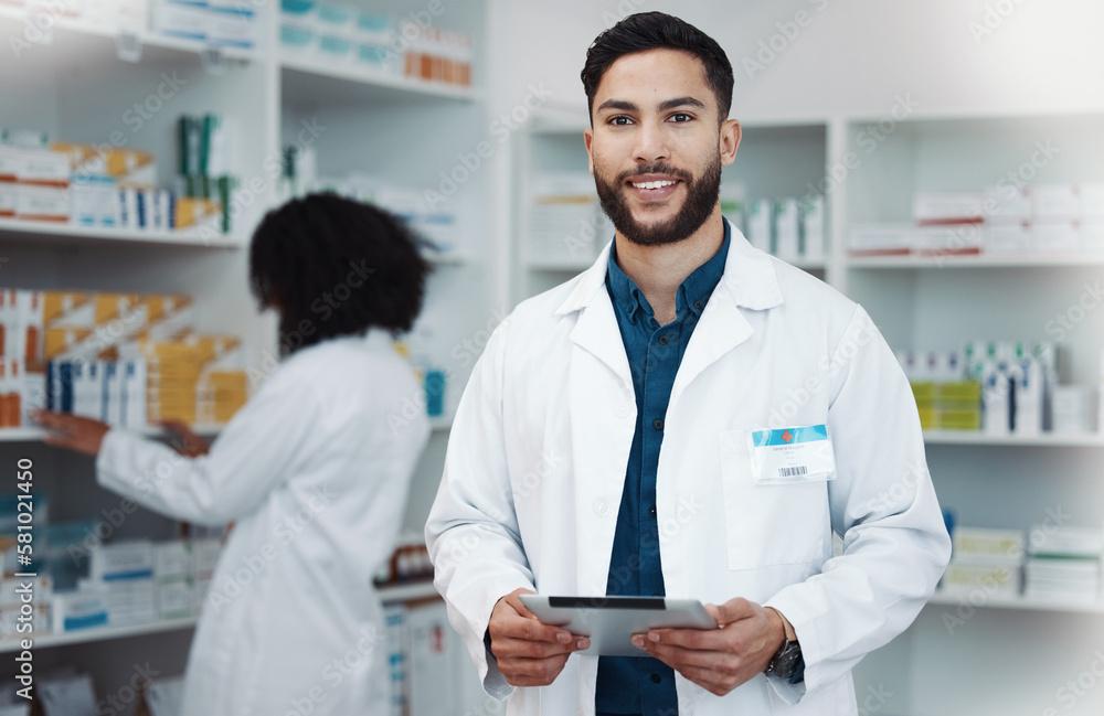Smile, tablet and portrait of man pharmacist with online checklist, inventory and happy to help with advice. Confidence, medicine and medical professional and healthcare consultant in health pharmacy Smile, tablet and portrait of man pharmacist with online checklist, inventory and happy to help with advice. Confidence, medicine and medical professional and healthcare consultant in health pharmacy
