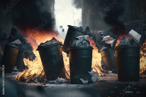 Burning trash can during protest. Riot in the city. Vandalism. Generative AI