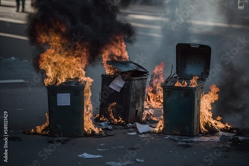 Burning trash can during protest. Riot in the city. Vandalism. Generative AI