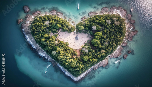 Aerial view on island in the shape of heart. Generative AI. © Kostiantyn Muzyka
