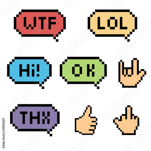 Pixel Speech Bubbles Words and hand sign, pixelated speech bubble set