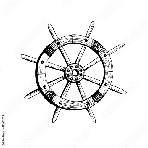 Wooden steering wheel from the ship. Isolated object drawn by hand in graphic technique. Vector illustration for summer, nautical and beach decoration and design.