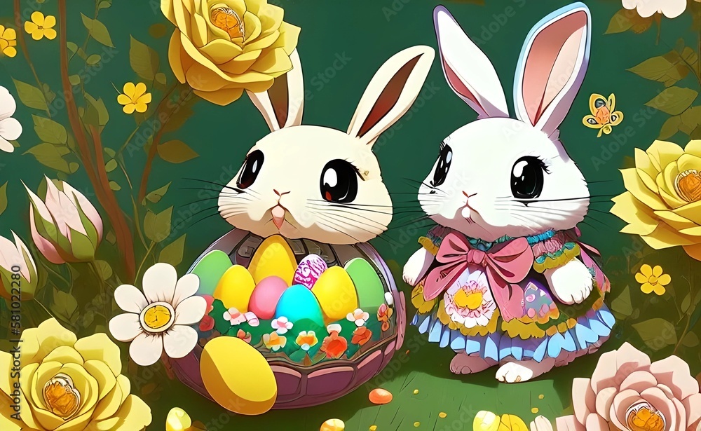 Obraz premium Cute bunny with easter eggs green background with flowers illustration, easter card, fantasy magic digital art generative ai.