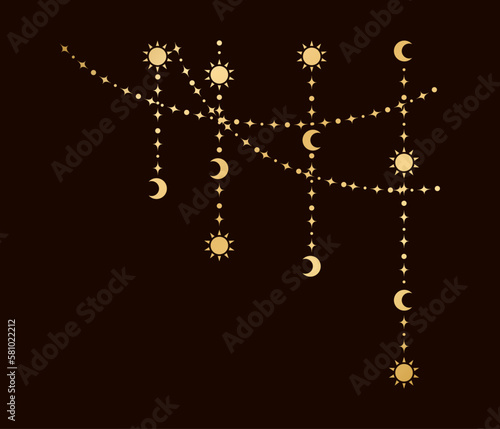 Gold mystic celestial hanging garland frame corner with sun, stars, moon phases, crescents. Ornate bohemian magical curtain decorative element