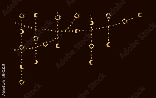 Gold mystic celestial hanging garland frame corner with sun, stars, moon phases, crescents. Ornate bohemian magical curtain decorative element