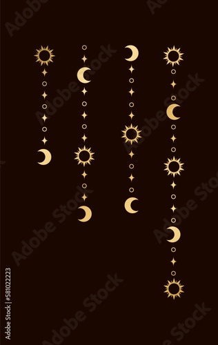 Gold mystic celestial hanging garland frame corner with sun, stars, moon phases, crescents. Ornate bohemian magical curtain decorative element