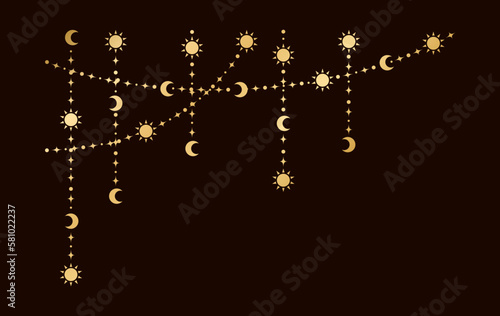 Gold mystic celestial hanging garland frame corner with sun, stars, moon phases, crescents. Ornate bohemian magical curtain decorative element