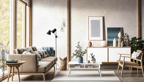 Japandi style interior, living room with large windows. Generative AI photo