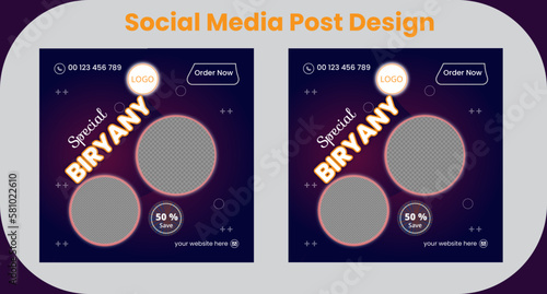 Social media template for restaurant, Super Delicious chicken biryani rice Iftar discount template design.  Ramadan special biryani online sale promotion. It is  Square banner and gradient background.