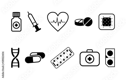 Medical icons in vector. Pills, stethoscope, syringe, heartbeat isolated on a blue background. Medical icons drawn in vector. Healthcare icons. Innovative medicine