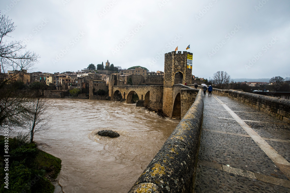 Floods in Besalu town, La Garrotxa, Girona, Spain. January 2020