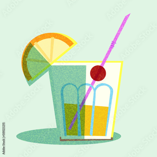 Illustration, Refreshing drink in a glass with orange slice, cocktail. Summer, vacation. Stickers, stickers, badges, advertising.