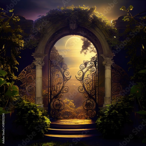 beautiful shiny arch with garden in front of gorgeous gate of hell, created with generative ai photo