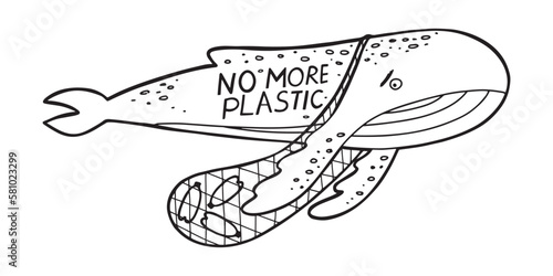 Hand drawn sad gray whale trapped in fish net with plastic bottles with message No more plastic. Concept of ocean protection. Isolated vector illustration in line design