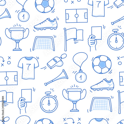 Soccer doodle seamless pattern. Football goal, award cup, whistle hand drawn line doodle sketch style equipment icon. Vector illustration