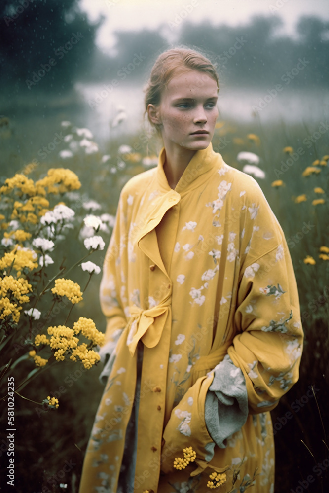Fototapeta premium beautiful young model with long hair and with a bouquet spring flowers in a countryside location style, looking at camera, generative ai illustration