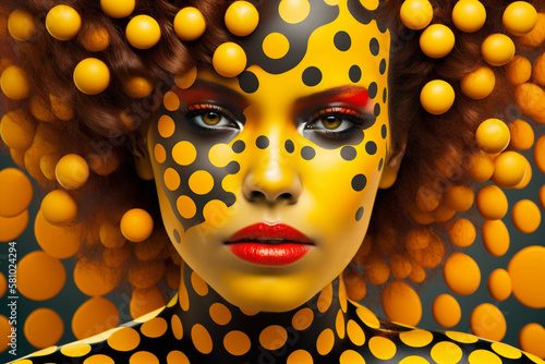 beautiful black model with rounded spheres polka dot around , pop colorful optical style and makeup, looking at camera, generative ai illustration