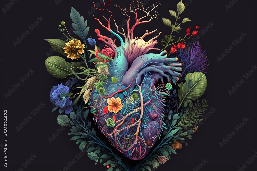 Heart with colorful flowers, generative AI