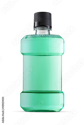Green water mouthwash in plastic bottle with black cap isolated on white.