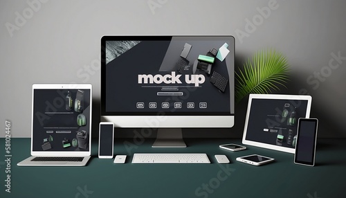 Pc, Tablet, Phone on a work desk display. Black Screen. Mockup. Generative AI