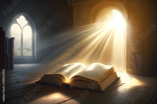Holy Bible. Sacred ancient book illuminated by miracle of light. Faith and religion concept. Generative AI