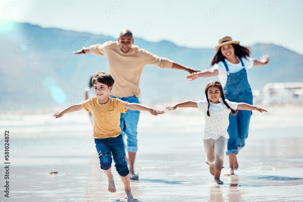 Family, beach and parents running with children for bonding, quality time and adventure together. Travel, love and happy mom, dad and kids enjoy summer holiday, vacation and relax on weekend by sea Family, beach and parents running with children for bonding, quality time and adventure together. Travel, love and happy mom, dad and kids enjoy summer holiday, vacation and relax on weekend by sea