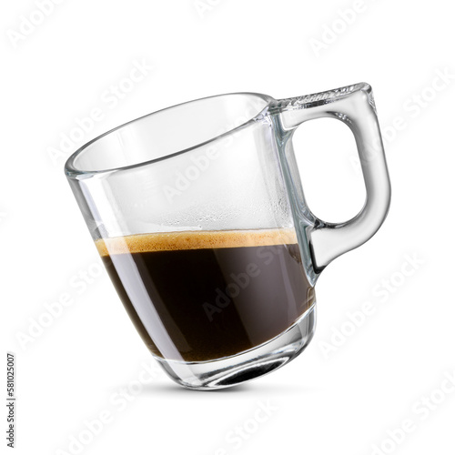 Glass cup of espresso coffee isolated on white. Levitation. No people.