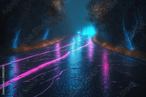 track with neon glow, expensive at night