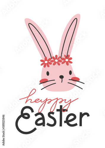 Hand drawn cute cartoon illustration of small rabbit face. Flat vector spring animal  Easter greeting card design sticker in colored doodle style. Bunny  hare character postcard template. Isolated.