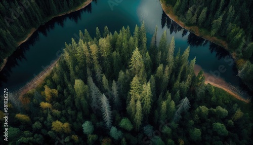 Aerial view of a green boreal forest with lake