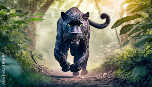 Black panther on the hunt: thrilling encounter of a wild jungle predator. Generative AI.