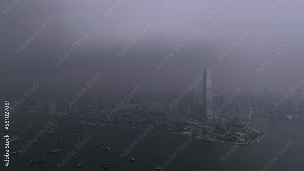 heavy thunderstorm and lighting striking near ICC, Hong Kong. Drone panning shot heavy thunderstorm and lighting striking near ICC, Hong Kong. Drone panning shot