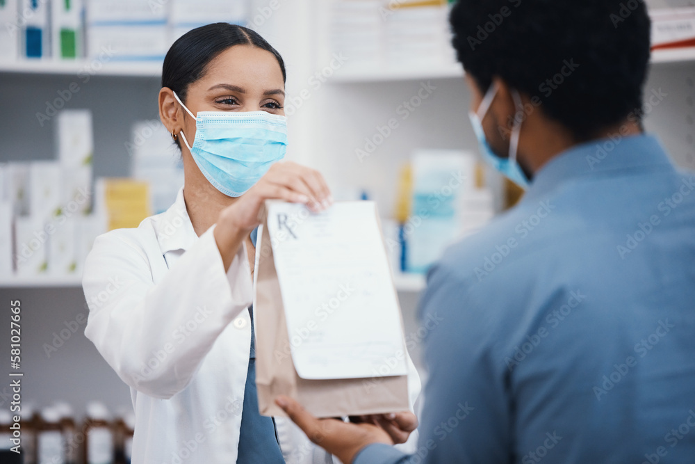 Pharmacy product, face mask and woman with customer for pills prescription, medical supplements and medicine. Healthcare, covid and pharmacist giving man bag of medicare package, drugs and medication Pharmacy product, face mask and woman with customer for pills prescription, medical supplements and medicine. Healthcare, covid and pharmacist giving man bag of medicare package, drugs and medication
