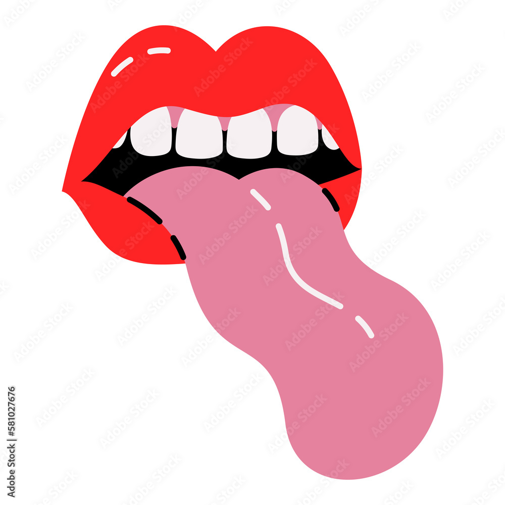 Fototapeta premium Emotional Bold Doodle Lips, Mouth With Tongue, Sticking Out, Teeth