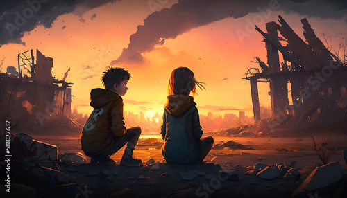 children sitting in front of a ruined city  at sunset. cloudy sky  post-apocalyptic theme