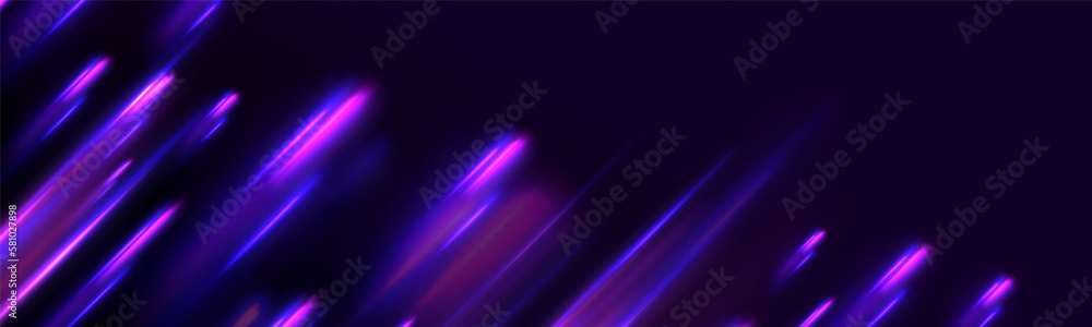 Luminous bright background. High speed effect motion blur night lights blue and red. Magic shining neon light line trails. Purple glowing wave swirl, impulse cable lines. Long time exposure. Vector	

