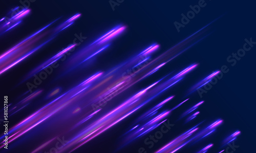 Luminous bright background. High speed effect motion blur night lights blue and red. Magic shining neon light line trails. Purple glowing wave swirl, impulse cable lines. Long time exposure. Vector	