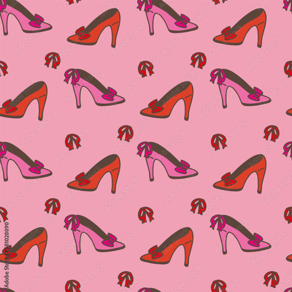 Seamless pattern with pink and orange shoes on pink background. Vector image. Seamless pattern with pink and orange shoes on pink background. Vector image.