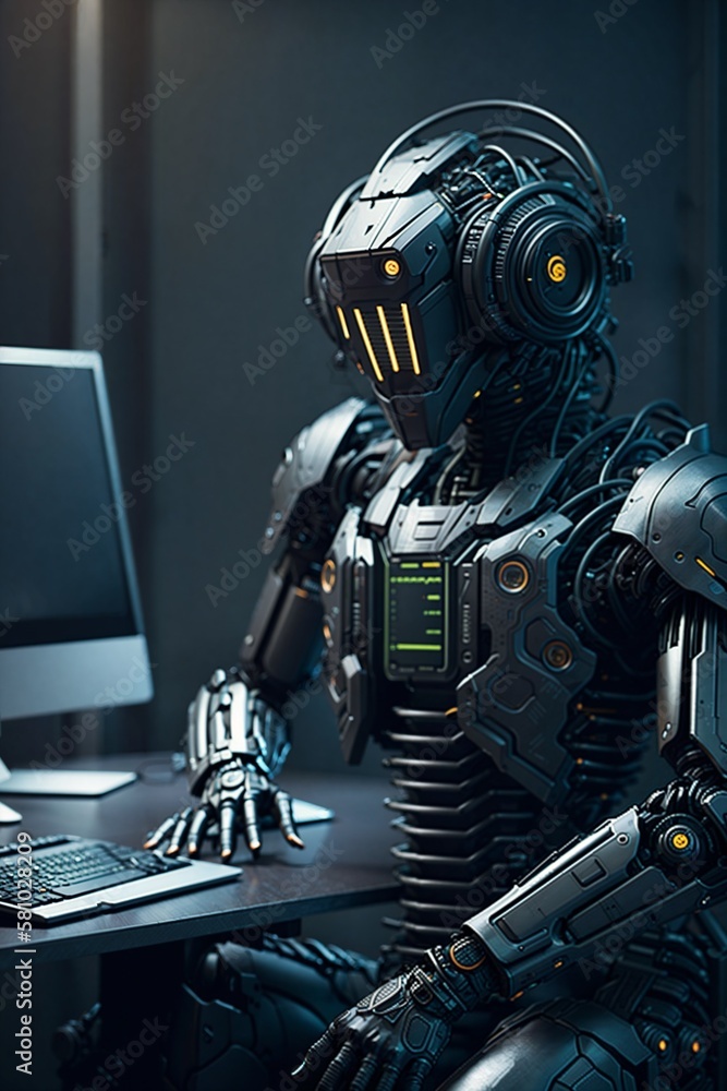 Fototapeta premium Android robot Artificial intelligence uses a computer for programming. The machine replaces human jobs and work. Ai Robot Sitting At Desk. Machine Learning. Chatbot. Chatgpt. Generative AI.