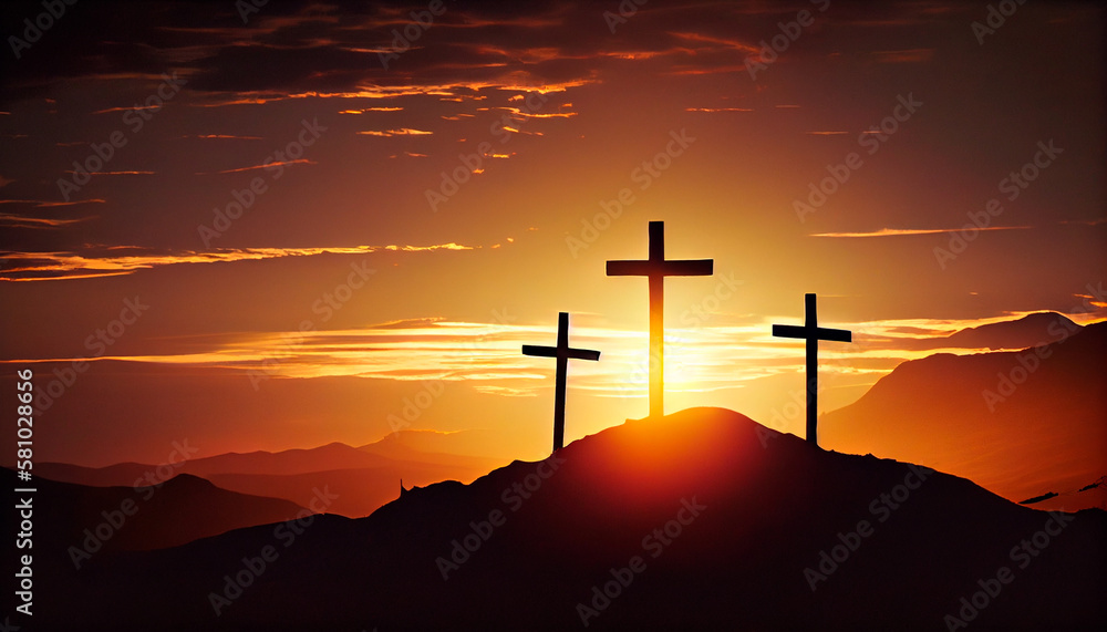 Three wooden crosses stand on a hill at sunset. Crucifixion of Christ. Generative AI
