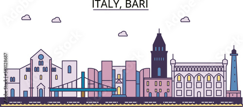 Italy, Bari tourism landmarks, vector city travel illustration