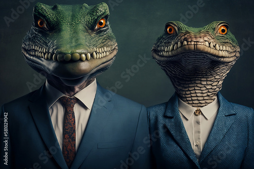 The Power of the Crocodile  Business-Savvy Crocodile Couple in Sharp Suits  Creative stock image of animal couple in business suit. Generative AI