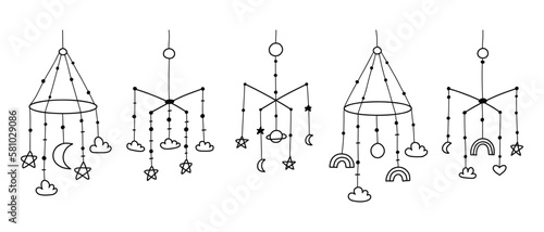 Set Baby toy mobile. Vector illustration.Collection Doodle style. Linear hanging children toy.