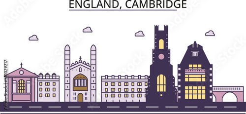 United Kingdom, Cambridge tourism landmarks, vector city travel illustration