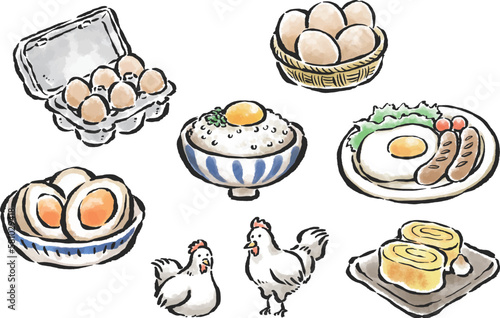 茶色の卵・鶏・色々な卵料理のイラスト　筆タッチ・ベクターセット
