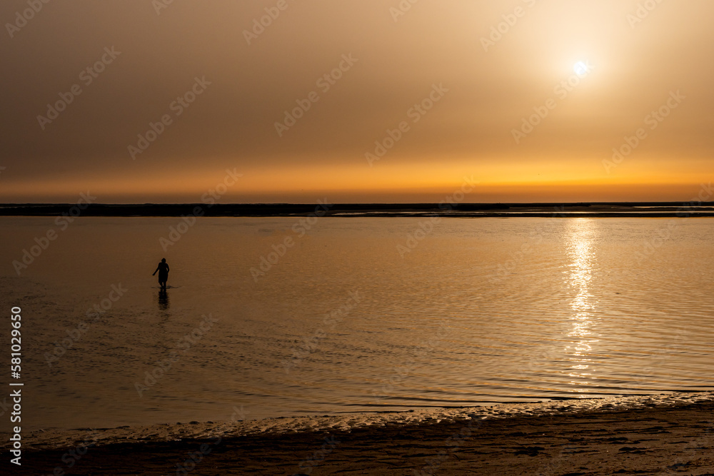 silhouette of woman walking on the beach during sunset. horizontal photograph with copy space.