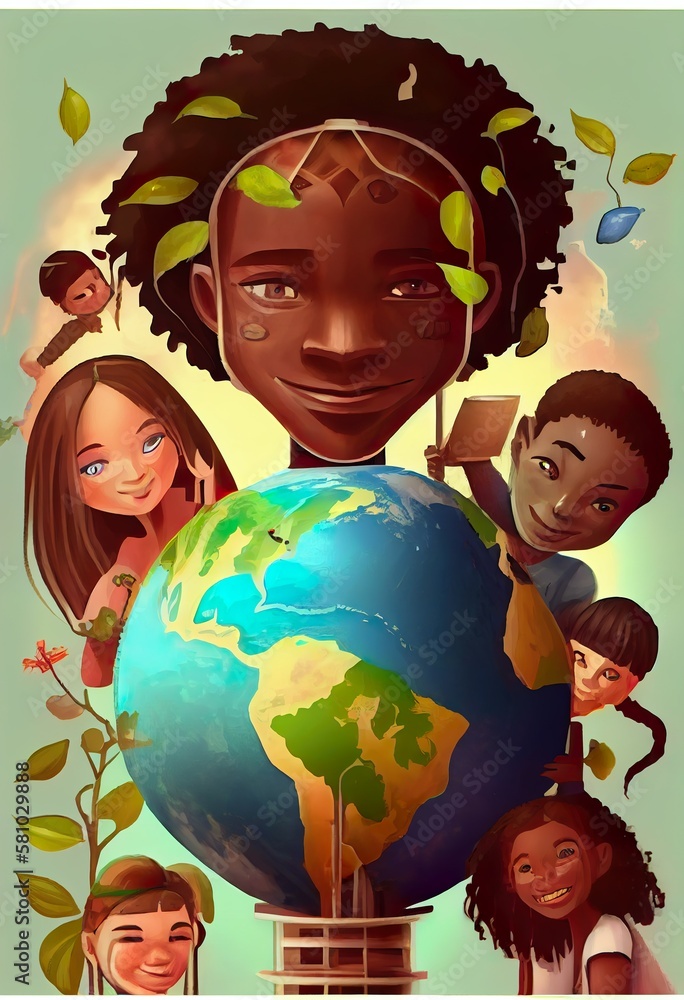 Naklejka premium children with globe illustration Generative AI