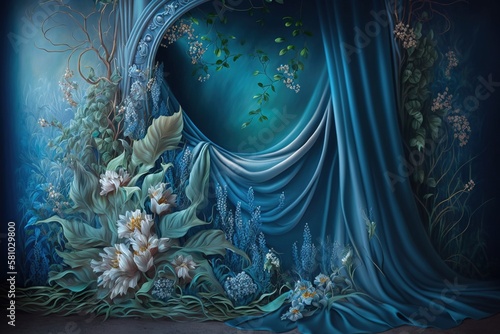 Flowers and blue drape frame, generative ai © Diana