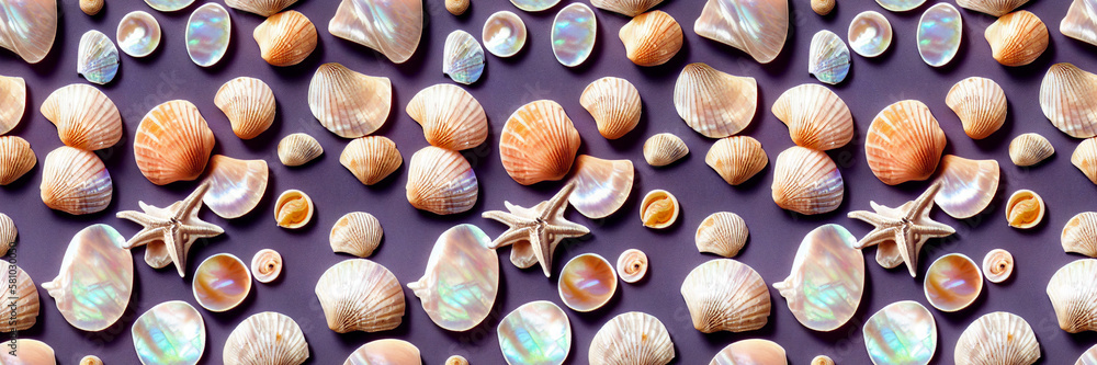 Realistic seamless pattern with mother of pearl seashells. Background for poster, greeting cards, headers, baner, website. digital ai art Realistic seamless pattern with mother of pearl seashells. Background for poster, greeting cards, headers, baner, website. digital ai art