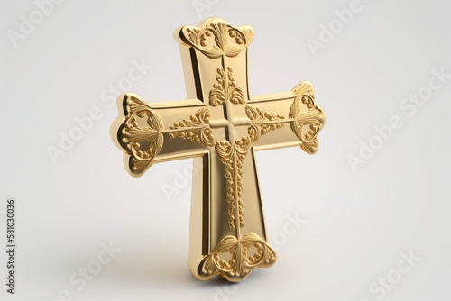 Close up of golden cross on a white background, Generative AI